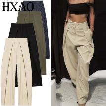 HXAO Gestreifte Baggy-Hose für Damen, Herbst 2022, elegante, plissierte, breite Beinhose, übergroße Hose, Damenmode, hohe Taille