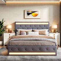 Letto imbottito 140 x 200 cm, letto matrimoniale a LED con 4 cassetti e funzione di ricarica USB, letto contenitore con rete a doghe, lino grigio