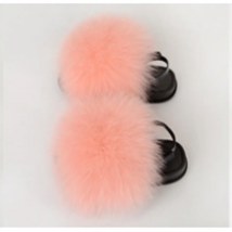 Kids Fur Sandals With Strap Fluffy Raccoon Rainbow  Real Fox Fur Sandals Cute Children Boy Flat Shoes Baby Girl Slippers