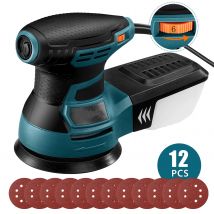 DOVAMAN Random Orbital Sander, 350W, 3 Amp, 125mm, Corded, 6 Variable Speeds, Dust Box, 12pcs Sanding Discs