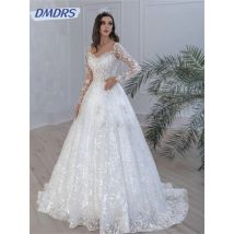 Glitter Applique Sleeve Floor Length Bridal Gowns Sexy v Neck Beaded Lace Gown Elegant Tulle Ball Dresses Vestidos De Novia