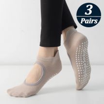 3 Paar Damen-Yoga-Socken aus Baumwolle, Silikon, rutschfest, rückenfrei, Pilates-Socken mit Griffen für Damen, Indoor-Fitness, Tanz, Ballett-Socken