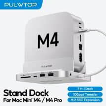 PULWTOP Hub verticale Mac Mini M4 con custodia SSD M.2, USB A/C 3.2, microfono audio, SD/TF, hub USB-C per Mac Mini M4/M4 Pro