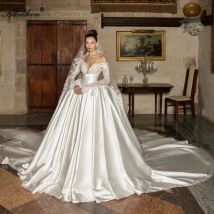 Alonlivn Custom Made Luxury Satin Full Sleeves Ball Gown Wedding Dresses Beading Lace Off The Shoulder Princess Bridal Gowns