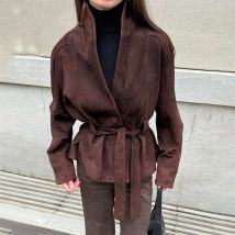 Tornova Retro Wildleder Langarm Jacke Mantel Weibliche V-ausschnitt Spitze Up Jacke 2025, Herbst Winter Neue Pendeln Büro Dame oberbekleidung