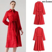 2024 herbst Neue frauen Rot Casual Revers Lose Krawatte Gesticktes Hemd Lange Kleider