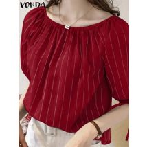 Vonda Frauen Mode Bluse elegante gestreifte Freizeit hemden 2024 Sommer Puff ärmel lose o Hals Tunika Tops Party Blusas Femininas