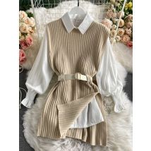 Frühling Herbst frauen Laterne Hülse Hemd Gestrickte Weste Zwei Stück Sets von College Stil Bund Weste Zwei Sets Top UK900