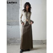 Lautaro Frühling Herbst Farb block braun pu Leder Maxirock Frauen mit Rückens chlitz hohe Taille lange Luxus Designer Kleidung