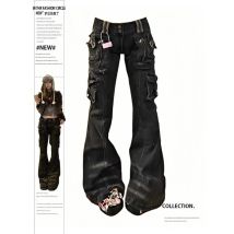Women Gyaru Japanese Cyber Punk Bell-Bottom Harajuku Y2K Dark Academia Jeans Low Rise Flare Denim Pants Goblin Core Halloween