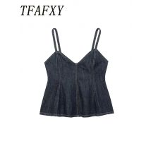 2023 frühling Sommer Denim Plissee Kurze Tops für Frauen Backless Sexy Crop Top Mode Straps Ärmellose Tank Tops ﻿ ﻿