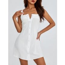Frauen einfarbig quadratischen Kragen kurze Kleider ärmellose Knöpfe von der Schulter lässig Party Sommer Frühlings kleid