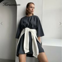 Hirsionsan Elegante Dunkle Grau Lose Baumwolle Kleider Frauen Weiche Casual Homewear T Hemd Kleid Urlaub Weibliche Lange T Shirt 2023
