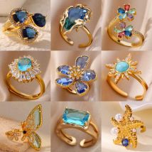 Luxus Blau Bunte Zirkon Ringe Für Frauen Edelstahl Vergoldet Blume Schmetterling Ring Exquisite Party Glänzenden Schmuck 2025