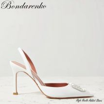 Baby Blue White Green Stilettos Pointy Toe Square Crystal Buckle Slingback Sandals Women 2022Fall New Designer Shoes Sandalias