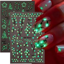 2pcs Luminous Christmas Light Nail Sticker Simple Xmas Tree Star Adhesive Decals Glow In The Dark Night Creative Winter Manicure