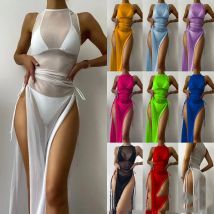 Frauen Bikini Set Voll farbdruck 3-teiliges Set Strand sexy enge niedrige Taille Mesh Kordel zug Split-Stil