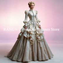 Viktorianische Brautkleider mit langen Ärmeln, Rüschen, plissiert, historisches Halloween-Prinzessin-Spitzen-Brautkleid nach Maß