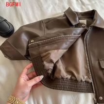 2-10Y Baby Boys Girls Zipper Jackets Brown PU Leather Lapel Collar Coats Korean Style Autumn Single Breasted Toddler Cardigans