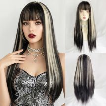 Synthetische lange gerade Perücke mit Pony, blond, Ombré-Schwarz, geschichtet, flauschig, Lolita-Cosplay-Perücke, hitzebeständig, für die tägliche Party