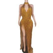 Frauen Sexy Shiny Gold Kristalle Quaste Luxus Lange Kleid Elegante Abendkleid Abend Club Geburtstag Hochzeit Party Sänger Bühne Kleid
