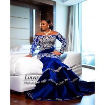 Königsblau Samt afrikanischen Abschluss ball Kleider von der Schulter schwere Perlen Meerjungfrau formelle Abendkleid lange schwarze Frauen Party kleid