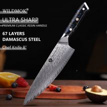 WILDMOK 67-lagiges Damaskus VG10 High Carbon Steel Professionelles handgefertigtes 8-Zoll-Kochmesser mit schwarzem Harzgriff