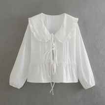 HH Frauen Süße Solide Hemd Vorne Bogen Spitze Up Langarm Blusen Elegante Weiße Top Für Frau Sommer Casual Shirts