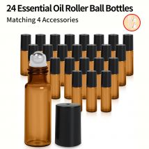 24 Stück + 4 Zubehörteile, 5 ml ätherisches Öl-Tintenrollerflasche, nachfüllbar, mit 24 leeren Tintenrollerflaschen, 2 Trichter, 2 Strohhalme