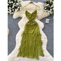 Sommer Frauen Lila/Grün/Schwarz Unregelmäßige Spaghetti Strap Kleid Sexy V-ausschnitt Hohe Taille Party Midi Vestidos Strand robe Neue 2025