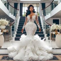 Maßgeschneiderte Meerjungfrau Brautkleider Brautkleid mit langen Ärmeln, Trägern, Spitze, appliziert, abgestufter Boden, Afrika, Vestido de Novia