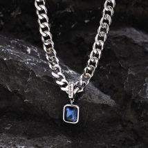 Quadratische blaue Stein-Anhänger-Halsketten, Edelstahl-Schmuck, Kragen, kubanische Gliederkette, Geschenk für Papa, Freund, Valentinstag