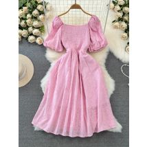 Sommer Damen Sweet Bubble Kurzarm Kleid mit quadratischem Ausschnitt Rosa Taille Cinched Mittellanges A-Linie besticktes Baumwollkleid C12