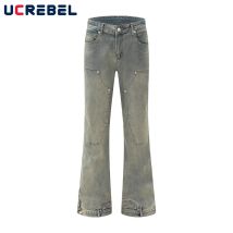 Doppelte Knie Denim Flare Hosen Herren Retro High Street Frühling Lose Tasche Gewaschen Distressed Carpenter Jeans Männer