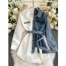 New Spring Autumn Women's Denim Shirt Color Contrast Patchwork Lace Up Blouse Shows Thin Versatile Top Fashion GD596