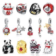 Ciondoli in argento sterling 925 perline originali bambola giapponese gatto fortuna fascino adatto braccialetti di marca braccialetti gioielli fai da te per le donne