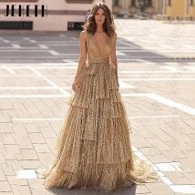 JEHETH Glitter Champagner Prom Kleid Tiered Abendkleider Luxus Sparkly Maßgeschneiderte Anlass Kleid Angepasst Glitter Champagner Ballkleid gestufene Abendkleider Luxus funkelnd maßgeschneiderte