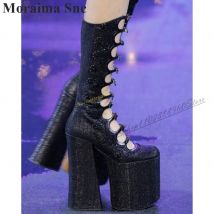 Laufsteg schwarz Mid Calf Riemchen Plateaus tiefel klobige High Heels Schuhe für Frauen Seite Reiß verschluss runde Zehen 2024 Zapatos Para Mujere