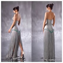 Maßgeschneidertes luxuriöses graues Satin-Abendkleid, trägerlos, ärmellos, maßgeschneiderte Anlasskleider, Kleider für besondere Anlässe, Applikationen, Quaste