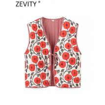 Zevity 2024 Frauen Y2K V-ausschnitt Blumen Druck Stepp Baumwolle Weste Jacke Damen Retro Lace Up Strickjacke Schlanke Weste Tops CT7316
