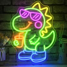 Niedlicher Dinosaurier mit Brille, Neonschild, USB, dimmbar, Neonlichtschild, Wanddekoration für Spielzimmer, Urlaub, Geburtstag, Weihnachten, Party