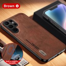 Vintage Retro PU Leder Handyhülle für Samsung S25 S24 S23 FE Plus Note 20 Ultra Eingebauter Magnet Eisen Metall Logo Matte Abdeckung