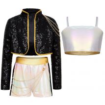 Kids Girls Hunter Cosplay Halloween Singer Demon Costume Iridescent Gloss Crop Top Trim Sequins Outer Wear Waist Chain Shorts
