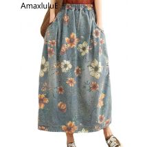 Amax luluE 2024 Frühling Mode Lose Denim Röcke Frauen Gedruckt Floral Freizeit Vintage Kleidung Damen Klassische Luxus Streetwear