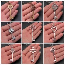 2 Colors Antique Silver Color Antique Bronze Color Vintage Key Pendant Necklace For Women Long Chain Metal Chain Necklace