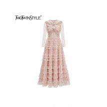 TWOTWINSTYLE Hohl Party Kleid Für Frauen V Neck Kreuzmuster Design Lange Ärmel Hohe Taille Patchwork Rüschen Saum Kleider Weibliche