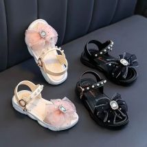 2024 kinder Sandalen Sommer Prinzessin Spitze Bogen 2024 Neue Mädchen High Heels Kleine Mädchen Weiche Sohle Sandalen Schwarz Rosa