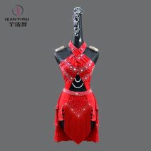 Rot Latin Dance Kleidung Linie Kostüm Sexy Party Kleid Wettbewerb Sport Anzug Midi Ball Prom Bühne Outfit Mädchen Rock Kid Partys