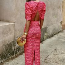 Chic Geometrie Druck Puff Sleeve Top + Kleid Set Temperament O Neck Backless Abend Tuch 2pc Set Sommer mode Schlitz Rock Anzüge