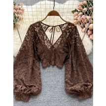 Autumn Black/White/Brown Sexy Lace Blouse Women Elegant V-Neck Puff Long Sleeve Open Back Short Tops Female Party Blusas 2021